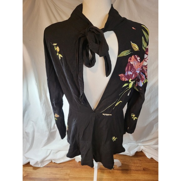 Free People Gemma Tunic Floral Dress Tie Open Back Small Long Sleeve Mock Neck - Picture 5 of 6